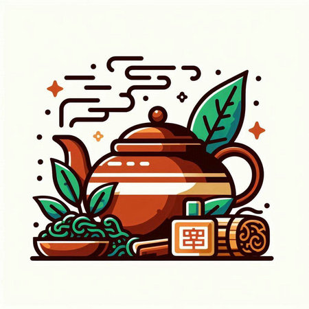 Chinese tea ceremony vector illustration. Teapot, teacup and tea leaves.のイラスト素材