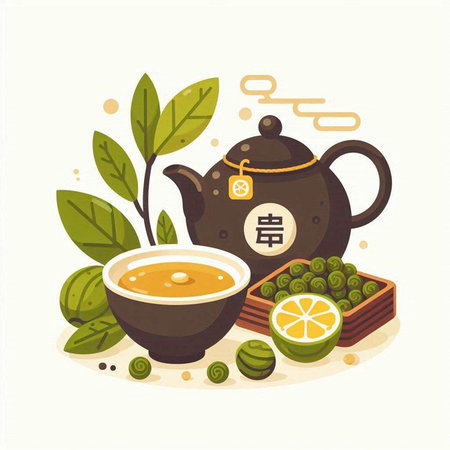 Chinese tea ceremony, vector illustration of tea ceremony with green tea, teapot and bowl with green tea leaves.のイラスト素材