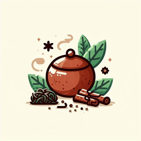 Illustration of chinese teapot with herbs and spices.のイラスト素材