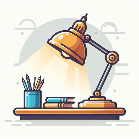 Desk with lamp and books. Vector illustration in flat cartoon style.のイラスト素材