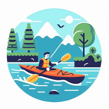 Kayaking in the lake. Flat design. Vector illustration on white background.のイラスト素材
