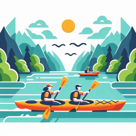 Kayaking on the river in the mountains. Flat vector illustration.のイラスト素材