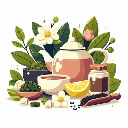Tea ceremony vector illustration. Hand drawn teapot, cup, teacup, tea leaves, teacup, herbal tea, flowers, fruits and leaves.のイラスト素材