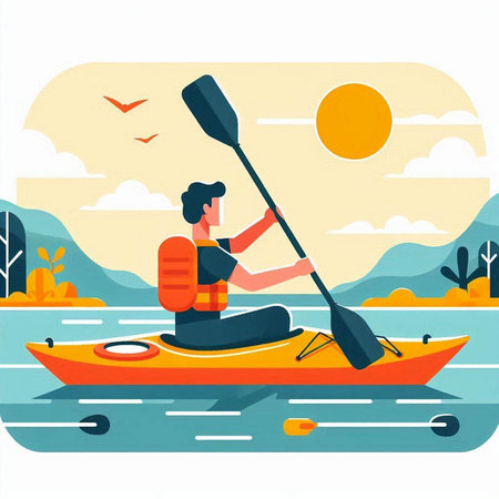 Man kayaking in the river. Flat style vector illustration. Outdoor activities.のイラスト素材