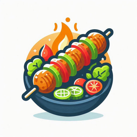 Grilled skewers and vegetables on a plate, vector illustration.のイラスト素材