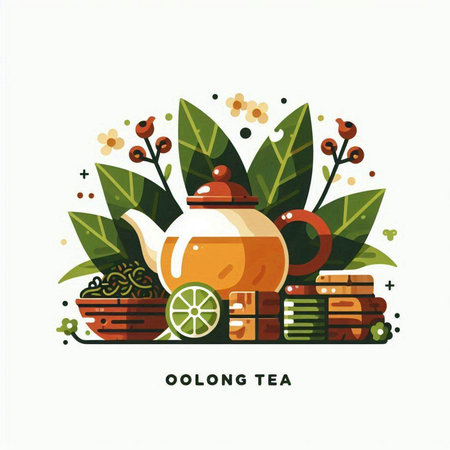 Vector illustration of a tea set with teapot, books, tea leaves and berries.のイラスト素材