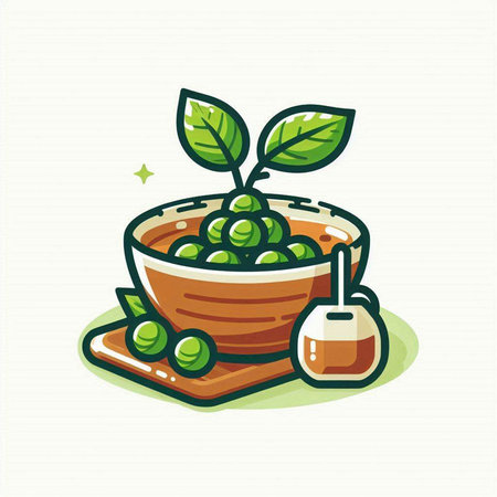 Illustration of a bowl with green peas and a tea bag.のイラスト素材