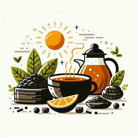 Tea time. Vector illustration of a cup of green tea, orange, leaves, berries, sun, sun.のイラスト素材