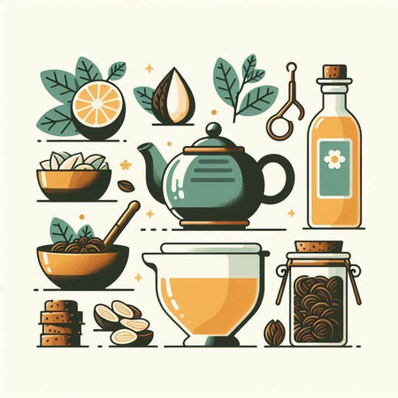 Vector illustration of tea brewing process. Teapot, cup, teacup, bowl, teapot, spoon, lemon.のイラスト素材