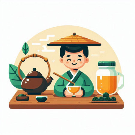 Korean tea ceremony vector illustration. Cartoon man in traditional clothes drinking tea in traditional Asian restaurant.のイラスト素材