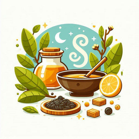 Illustration of ayurvedic spa set with tea, honey, lemon and leavesのイラスト素材