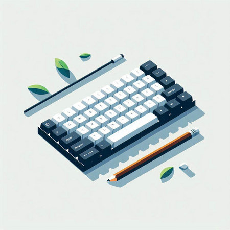Isometric typewriter and leaves on white background. Vector illustration.のイラスト素材