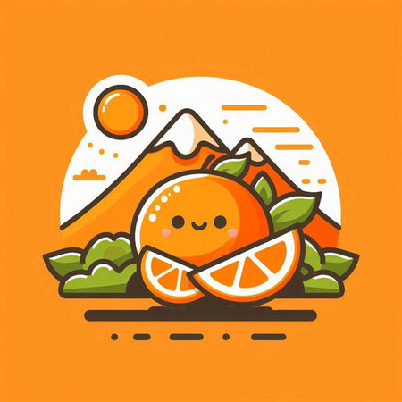 Cute orange fruit character with mountains and sun, vector illustration.のイラスト素材