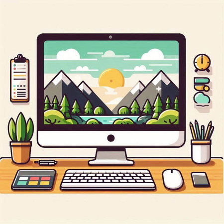 Workplace with computer. Vector illustration in flat design style. Workplace with computer.のイラスト素材
