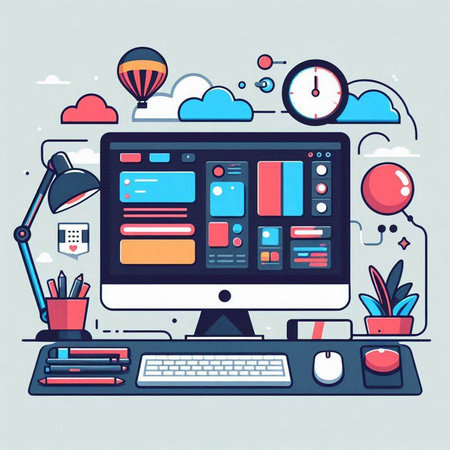 Vector illustration of modern workspace with computer monitor, keyboard, mouse, stationery and other items. Colorful flat style design for web, site, advertising, banner, poster, brochureのイラスト素材