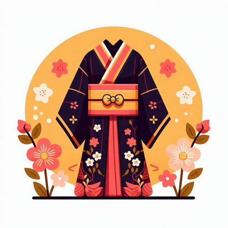 Japanese kimono with flowers. Vector illustration in flat style.のイラスト素材