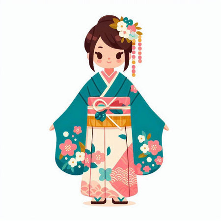 Japanese girl in kimono with gift box. Vector illustration.のイラスト素材