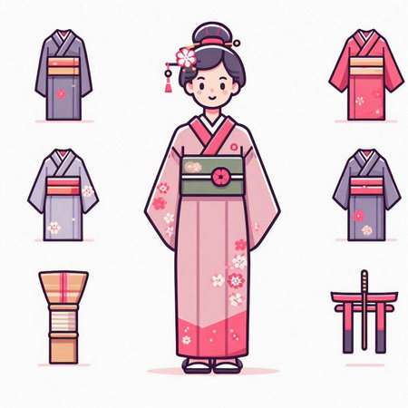 Set of cute kimono icons in cartoon style. Vector illustration.のイラスト素材