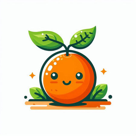 Cute cartoon orange fruit character with green leaves. Vector illustration.のイラスト素材