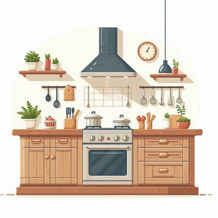 Kitchen interior with furniture and kitchenware. Vector illustration in flat styleのイラスト素材