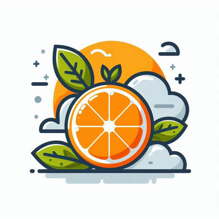 Orange fruit with leaves flat line icon. Vector illustration of orange fruit on white background.のイラスト素材