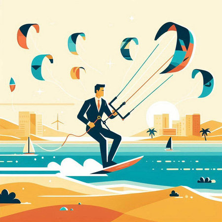 Businessman on kite surfing on the beach. Vector illustration.のイラスト素材
