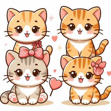 Cute cats with hearts on white background. Cartoon vector illustration.のイラスト素材