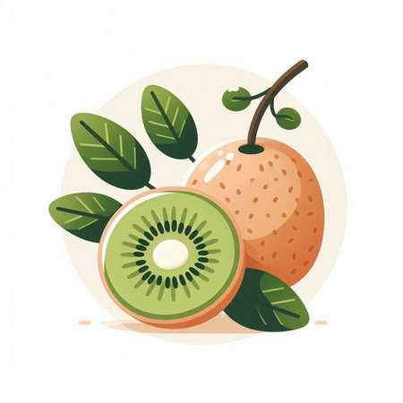 Kiwi fruit with leaves. Vector illustration in flat style.のイラスト素材