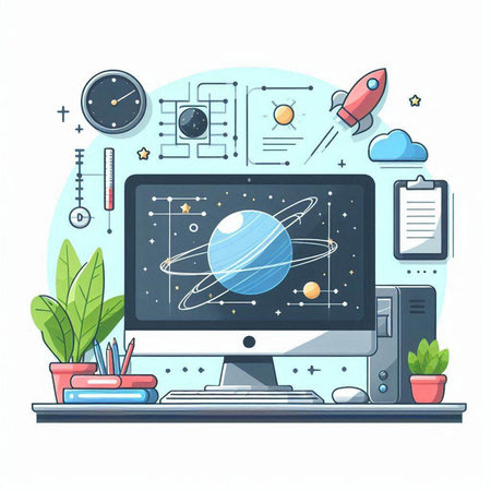 Modern flat design vector illustration concept of education, knowledge, science, research, study, development, astronomy, technology.のイラスト素材