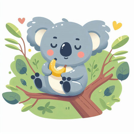 Cute cartoon koala sitting on a tree branch. Vector illustration.のイラスト素材