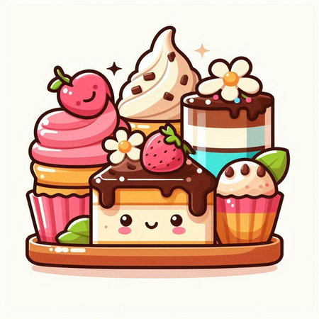 Cute cakes and cupcakes. Vector illustration in cartoon style.のイラスト素材