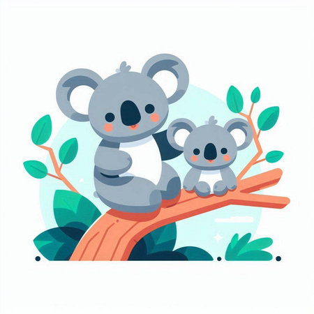 Cute koala mother and her baby on a tree branch. Vector illustration.のイラスト素材