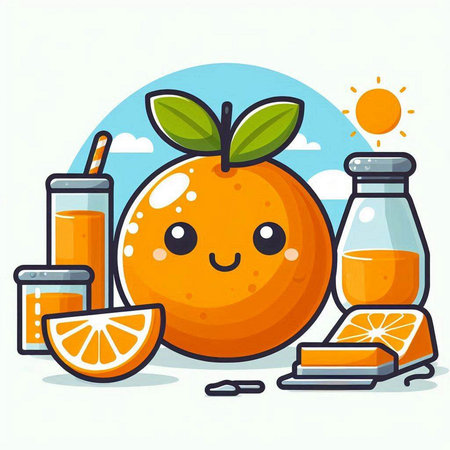Orange fruit cartoon character with juice in bottle, vector illustration design.のイラスト素材
