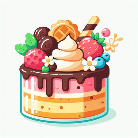 Vector illustration of a cake with cream, strawberries and chocolate on white backgroundのイラスト素材
