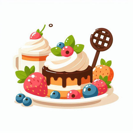 Cake with berries on a plate. Vector illustration in cartoon style.のイラスト素材