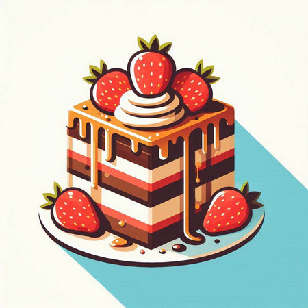 Chocolate cake with strawberry on a white plate. Vector illustration.のイラスト素材