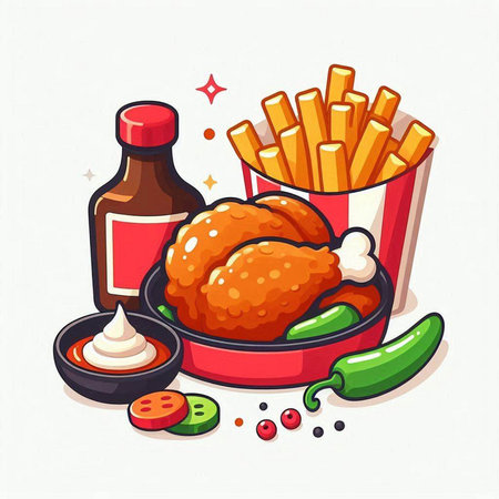 Illustration of fried chicken with french fries and sauce on white backgroundのイラスト素材