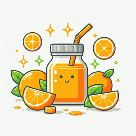 Orange juice vector illustration. Cute cartoon character with fresh fruits.のイラスト素材