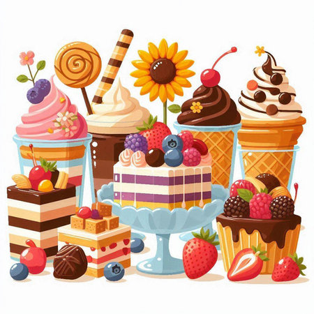 Set of sweet desserts. Vector illustration in cartoon style on white background.のイラスト素材