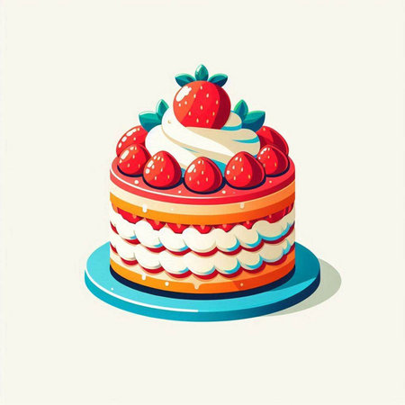vector illustration of a cake with cream and strawberries on a white backgroundのイラスト素材