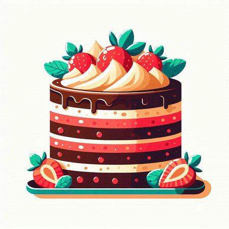 Cake with cream and strawberries. Vector illustration in cartoon style.のイラスト素材