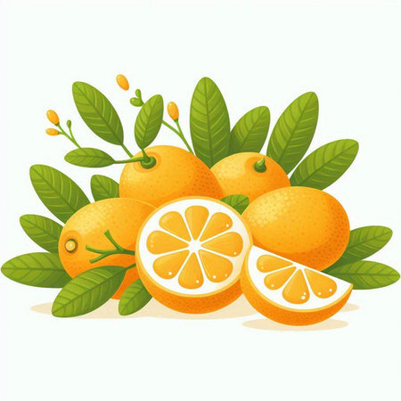 Orange fruit with leaves and slices isolated on white background. Vector illustration.のイラスト素材
