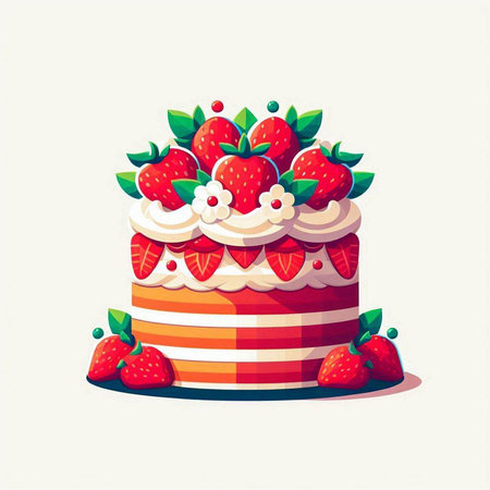 Cake with strawberries and whipped cream on a white background. Vector illustration.のイラスト素材
