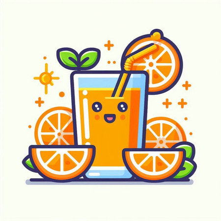 Cute cartoon orange juice character with orange slices. Vector illustration.のイラスト素材