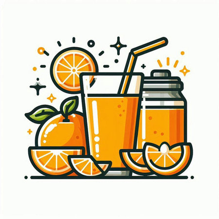 Orange juice in a glass with a straw and slices of orange. Vector illustration.のイラスト素材