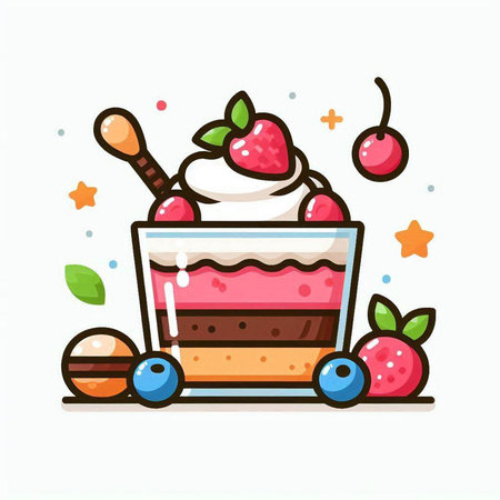 Cake with cream and cherry. Vector illustration in cartoon style.のイラスト素材