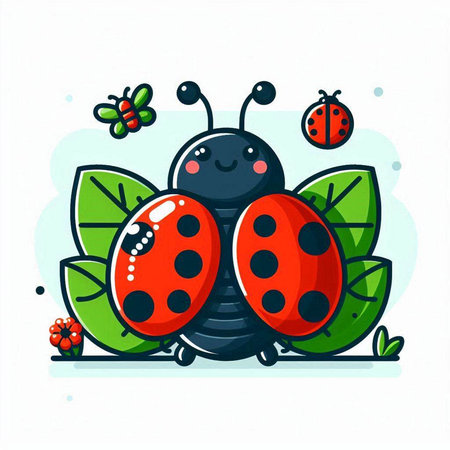 Cute ladybug with leaves and ladybugs. Vector illustration.のイラスト素材