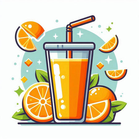 Orange juice in a glass with a straw. Vector flat illustration.のイラスト素材