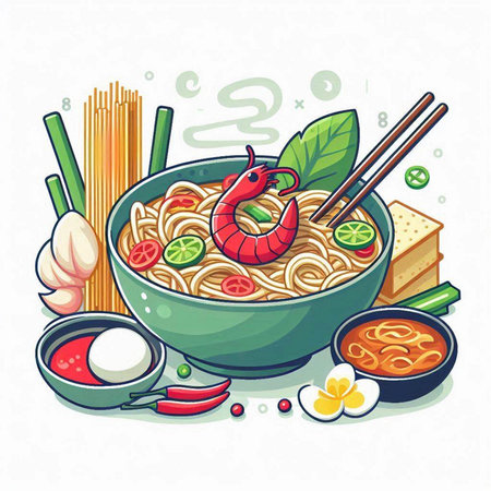 Noodles vector illustration. Asian cuisine. Noodles in bowl.のイラスト素材