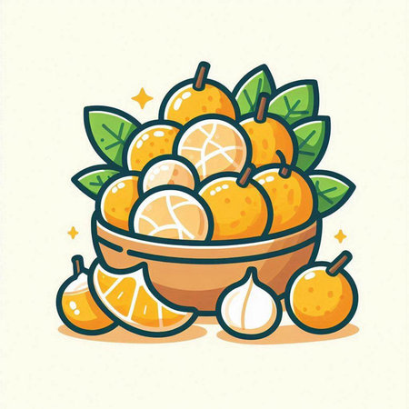 Tropical fruit, mandarins in a bowl. Vector illustration.のイラスト素材